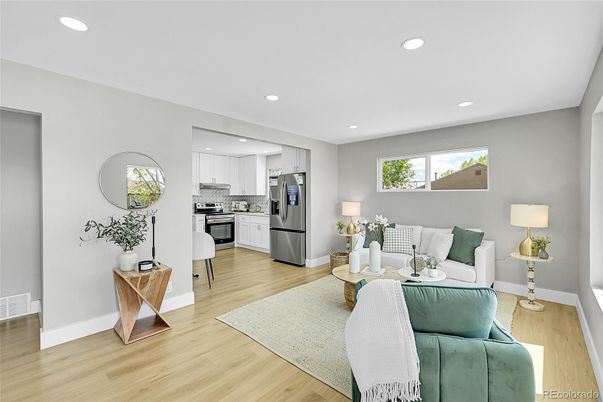 Interior, Kitchen, Living room, Recessed Lighting, Stainless Steel Appliances, Wood Texture Flooring
