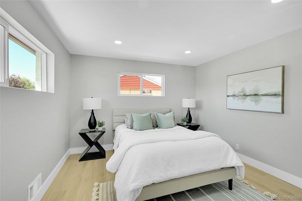 Bedroom, Interior, Recessed Lighting, Wood Texture Flooring