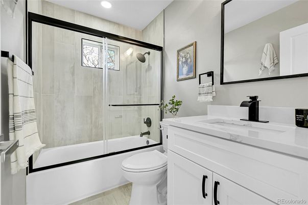 Bathroom, Glass Shower, Interior, Recessed Lighting, Wood Texture Flooring