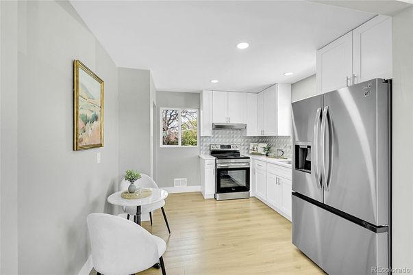 Interior, Kitchen, Recessed Lighting, Stainless Steel Appliances, Wood Texture Flooring