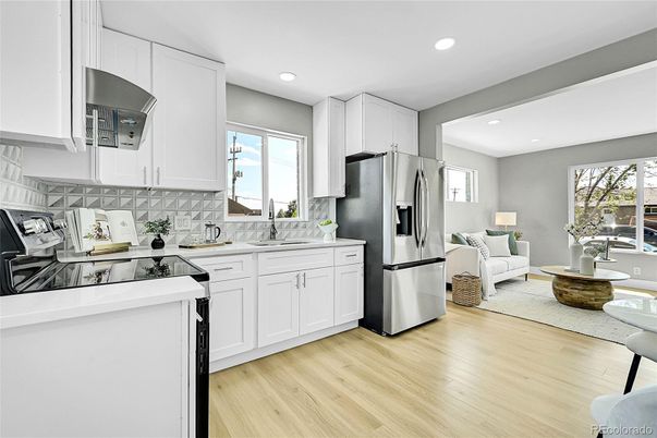 Interior, Kitchen, Living room, Recessed Lighting, Stainless Steel Appliances, Wood Texture Flooring