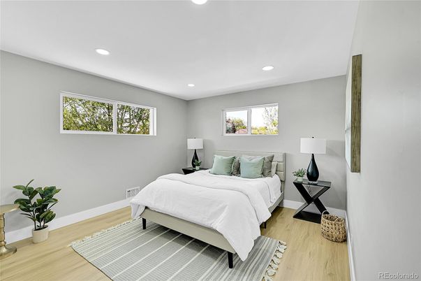 Bedroom, Interior, Recessed Lighting, Wood Texture Flooring
