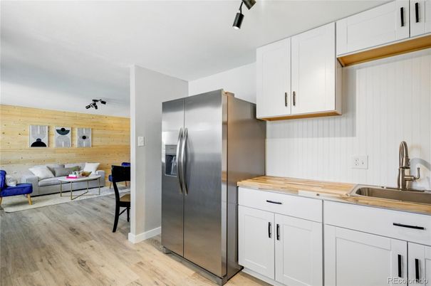 Interior, Kitchen, Living room, Stainless Steel Appliances, Wood Texture Flooring