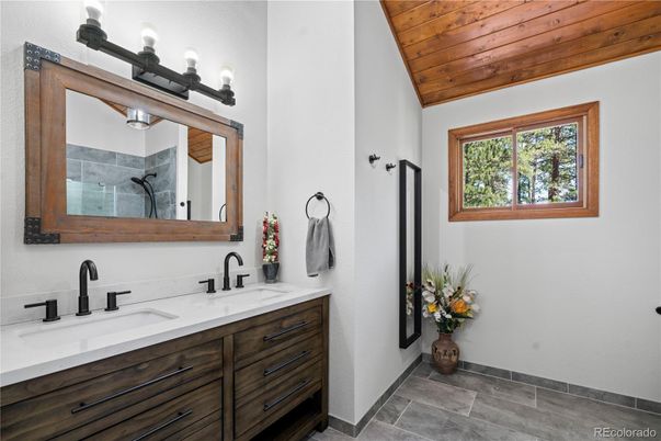 Bathroom, Dual Sink Vanities, Interior, Wooden Ceilings