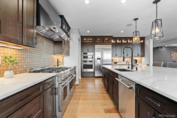 Interior, Kitchen, Pendant Lights, Recessed Lighting, Stainless Steel Appliances, Wood Texture Flooring