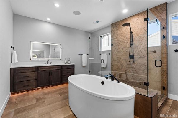 Bathroom, Dual Sink Vanities, Free Standing Baths, Glass Shower, Interior, Recessed Lighting
