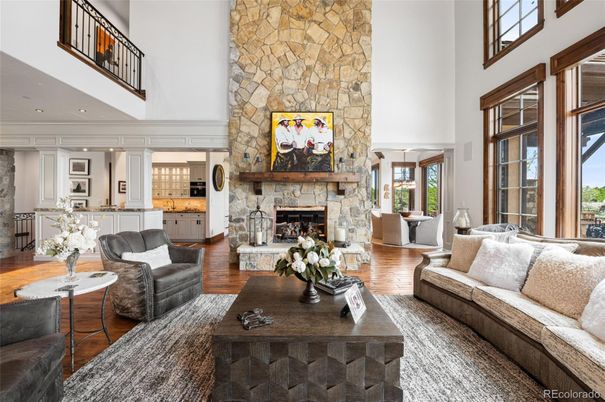 Dining room, Fireplace, Interior, Living room, Pendant Lights, Recessed Lighting, Stone Walls, Wood Texture Flooring
