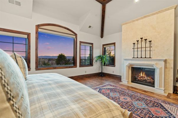 Bedroom, Fireplace, Interior, Recessed Lighting, Wooden Beams, Wood Texture Flooring