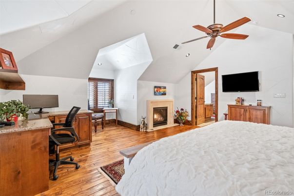 Bedroom, Fireplace, Home Office, Interior, Recessed Lighting, Wood Texture Flooring