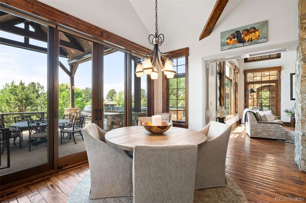 Dining room, Interior, Pendant Lights, Wooden Beams, Wood Texture Flooring