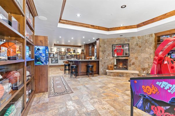 Fireplace, Interior, Recessed Lighting, Stone Walls