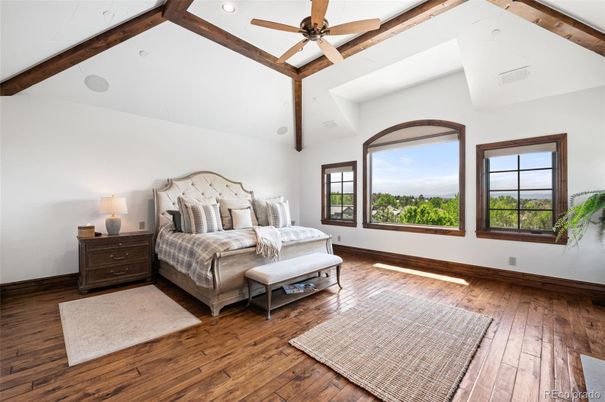 Bedroom, Interior, Recessed Lighting, Wooden Beams, Wood Texture Flooring