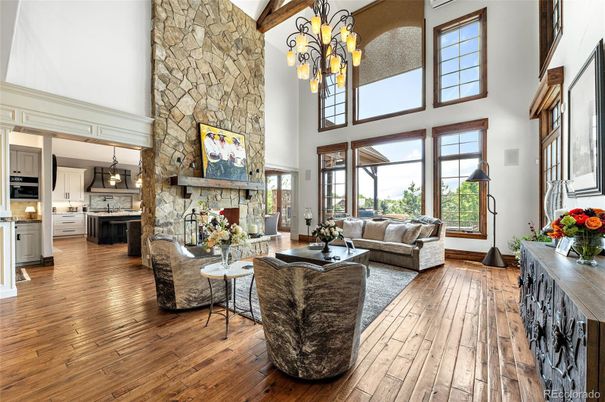 Fireplace, Interior, Kitchen, Living room, Pendant Lights, Stone Walls, Wood Texture Flooring