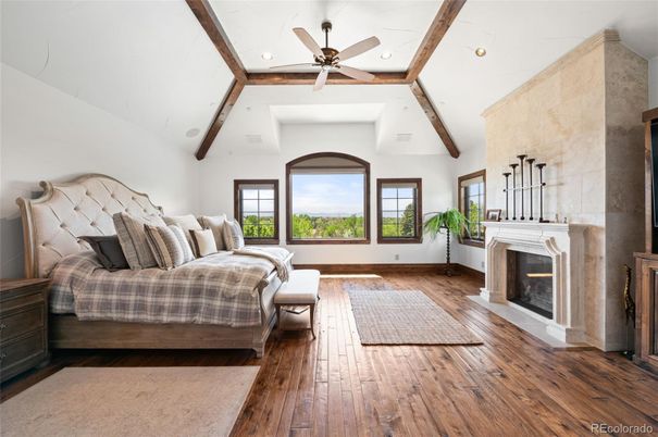 Bedroom, Fireplace, Interior, Recessed Lighting, Wooden Beams, Wood Texture Flooring
