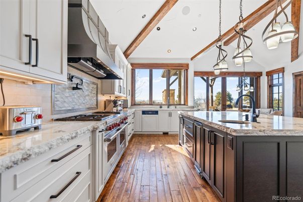 Interior, Kitchen, Pendant Lights, Recessed Lighting, Stainless Steel Appliances, Wooden Beams, Wood Texture Flooring
