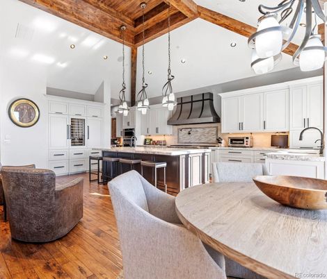 Dining room, Interior, Kitchen, Pendant Lights, Recessed Lighting, Stainless Steel Appliances, Wooden Beams, Wooden Ceilings, Wood Texture Flooring