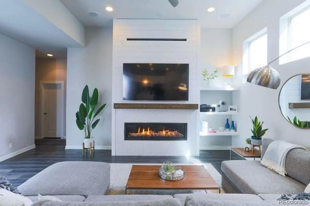 Fireplace, Interior, Living room, Recessed Lighting, Wood Texture Flooring