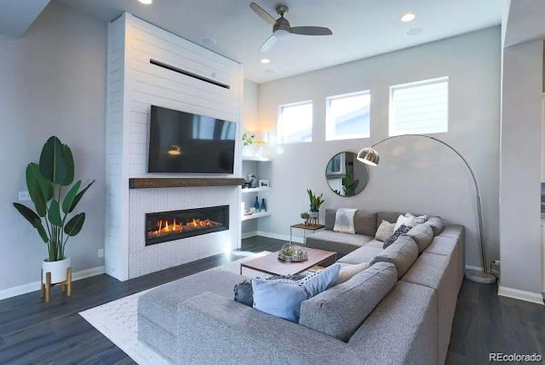 Fireplace, Interior, Living room, Recessed Lighting, Wood Texture Flooring