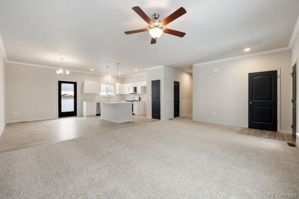 Chandelier, Empty room, Interior, Kitchen, Pendant Lights, Recessed Lighting, Wood Texture Flooring