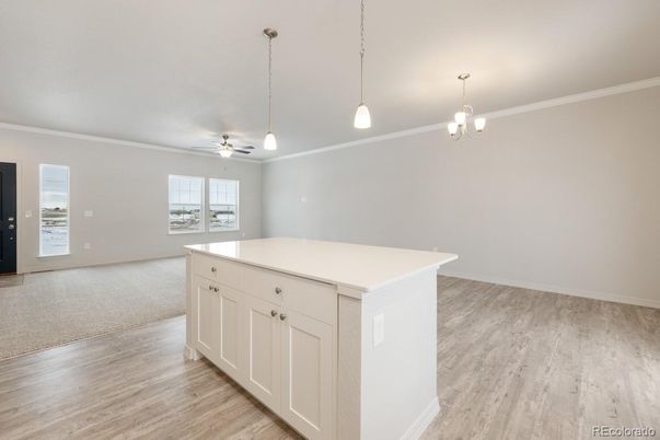 Empty room, Interior, Kitchen, Pendant Lights, Wood Texture Flooring