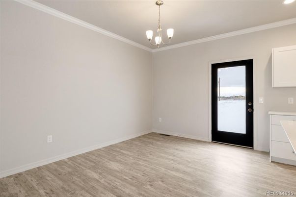 Empty room, Interior, Pendant Lights, Recessed Lighting, Wood Texture Flooring