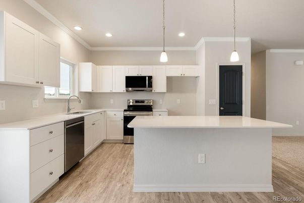 Interior, Kitchen, Pendant Lights, Recessed Lighting, Stainless Steel Appliances, Wood Texture Flooring