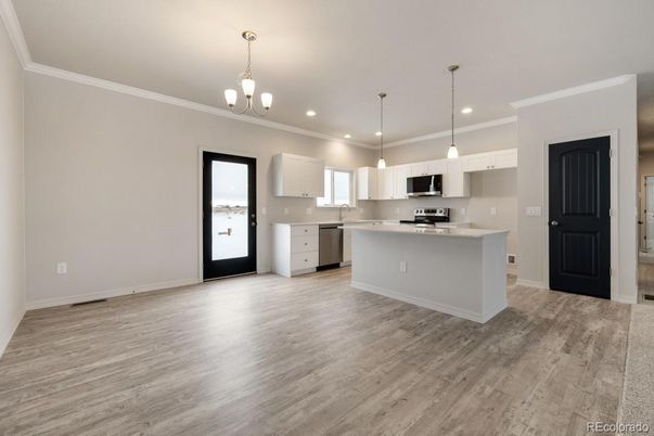 Interior, Kitchen, Pendant Lights, Recessed Lighting, Stainless Steel Appliances, Wood Texture Flooring
