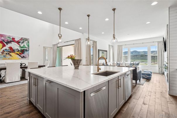 Dining room, Interior, Kitchen, Pendant Lights, Recessed Lighting, Wood Texture Flooring