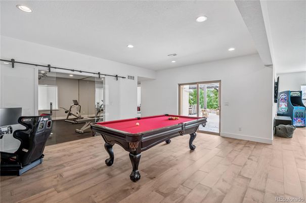 Billiard Table, Fitness Equipment, Game Room, Interior, Recessed Lighting, Wood Texture Flooring