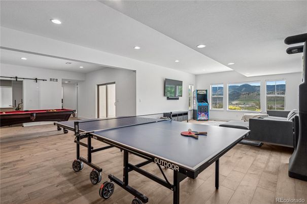 Billiard Table, Game Room, Interior, Recessed Lighting, Wood Texture Flooring