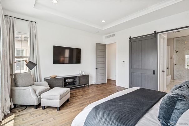Bedroom, Interior, Marble Walls, Recessed Lighting, Wood Texture Flooring