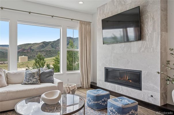 Fireplace, Interior, Living room, Recessed Lighting, Wood Texture Flooring