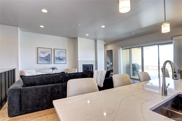 Dining room, Fireplace, Interior, Kitchen, Living room, Pendant Lights, Recessed Lighting, Wood Texture Flooring
