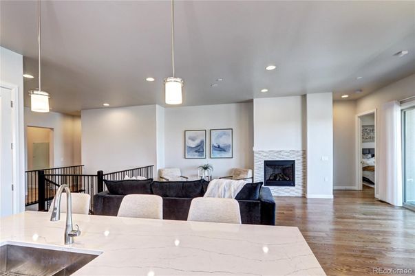 Fireplace, Interior, Living room, Pendant Lights, Recessed Lighting, Wood Texture Flooring