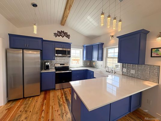 Interior, Kitchen, Pendant Lights, Stainless Steel Appliances, Wooden Beams, Wood Texture Flooring