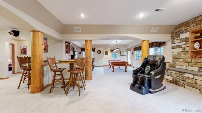 Billiard Table, Game Room, Interior, Pendant Lights, Recessed Lighting, Stone Walls