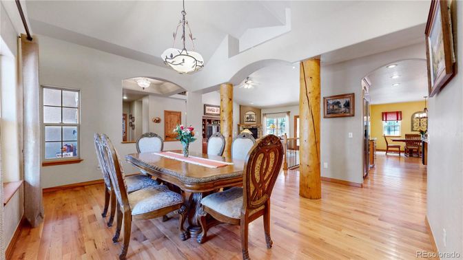 Dining room, Interior, Pendant Lights, Recessed Lighting, Wood Texture Flooring