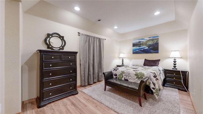 Bedroom, Interior, Recessed Lighting, Wood Texture Flooring