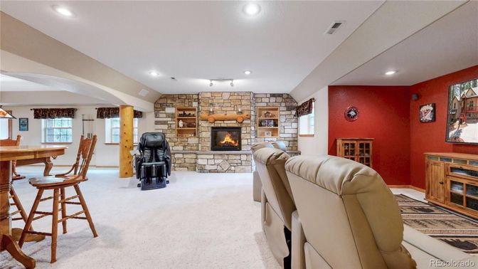 Fireplace, Interior, Living room, Recessed Lighting, Stone Walls