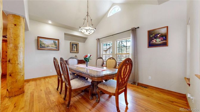 Dining room, Interior, Pendant Lights, Recessed Lighting, Wood Texture Flooring