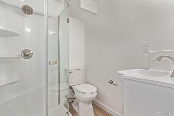 Bathroom, Glass Shower, Interior, Wood Texture Flooring