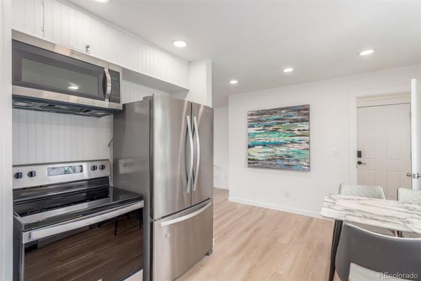 Interior, Kitchen, Recessed Lighting, Stainless Steel Appliances, Wood Texture Flooring