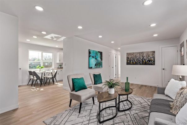 Dining room, Interior, Living room, Recessed Lighting, Wood Texture Flooring