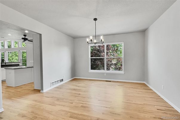 Empty room, Interior, Kitchen, Pendant Lights, Recessed Lighting, Wood Texture Flooring