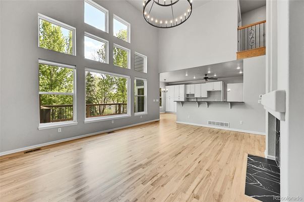Fireplace, Interior, Kitchen, Pendant Lights, Recessed Lighting, Wood Texture Flooring