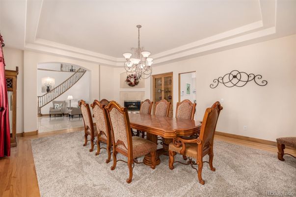 Chandelier, Dining room, Fireplace, Interior, Wood Texture Flooring
