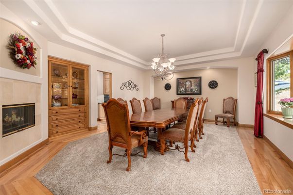 Chandelier, Dining room, Fireplace, Interior, Recessed Lighting, Wood Texture Flooring