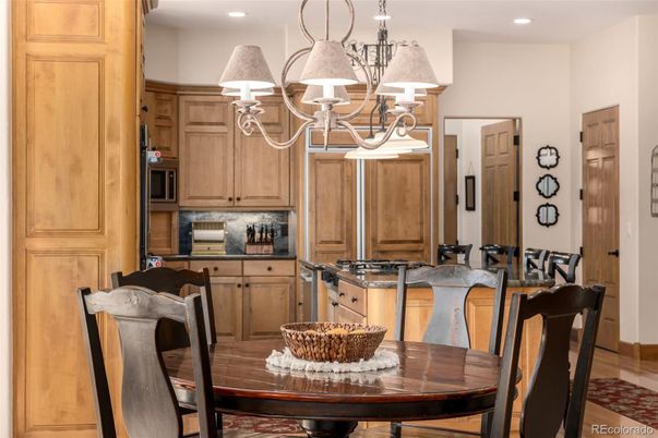 Chandelier, Dining room, Interior, Kitchen, Recessed Lighting, Wood Texture Flooring