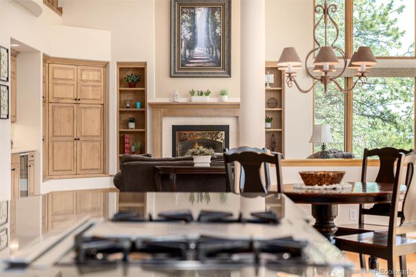Chandelier, Dining room, Fireplace, Interior
