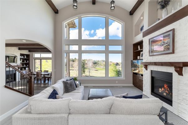Dining room, Fireplace, Interior, Living room, Recessed Lighting, Wooden Beams